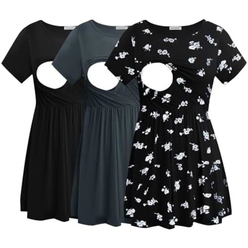 Smallshow Women's Maternity Nursing Tops 3 Pack Short Sleeve Breastfeeding Shirt