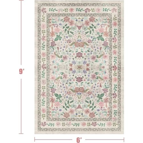 Deerly Boho Floral Area Rug 6x9 for Living Room Vintage Large Washable Non-Slip Bedroom Carpet Soft Low Pile Thin Floor Mat Indoor for Dining Room Playroom Nursery Farmhouse, Beige/Light Pink/Multi
