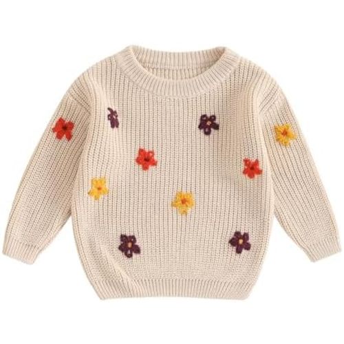 Baby Girl Boy Toddler Knit Sweater Cute Flower Round Neck Long Sleeve Pullover Oversized Sweatshirt Winter Warm Top