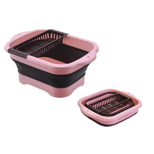 WMKJDS 11L（2.91 Gallon） Collapsible Dish Basin with Drain Plug, Space Saving Outdoor Multiuse Foldable Sink Tub, Dishpan, Portable Kitchen Storage Tray for Vegetable Washing, Camping, RV (Pink)