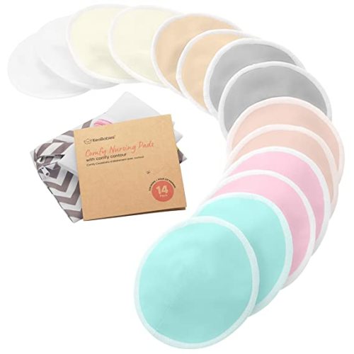 Organic Bamboo Nursing Breast Pads - 14 Washable Pads + Wash Bag - Breastfeeding Nipple Pads for Maternity - Reusable Breast Pads for Breastfeeding (Pastel Touch, Large 4.8") - L 4.8"