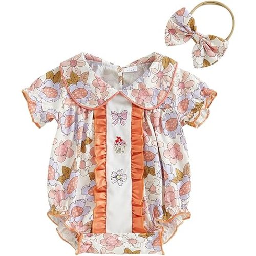 WZTYYDS Newborn Baby Girl Clothes Print Short Sleeve Doll Collar Romper Dress with Headband Set Infant Bodysuit Outfits (A Orange, 0-3 Months)