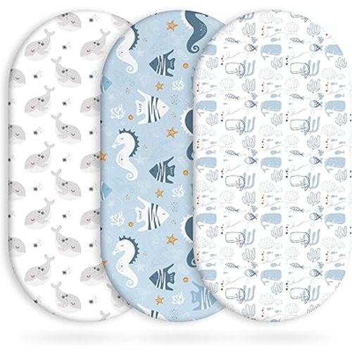 Yoofoss Bassinet Sheets Baby Girl Boy, Fitted Bassinet Sheet Set 3 Pack Universal Fit for Cradle Moses Basket Oval Rectangle Round Hourglass Mattress,Soft Breathable (Blue+Seahorse)