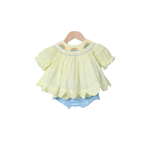 Smocked Yellow Swiss Dot Rainbow Bloomer Set
