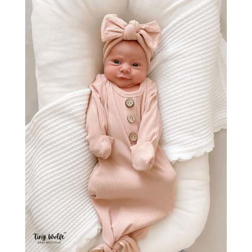 LIGHT PINK Baby Knotted Gown, Ribbed Cotton Gown with Matching Bow, Newborn Gown, Infant Coming Home Outfit, Baby Shower Gift