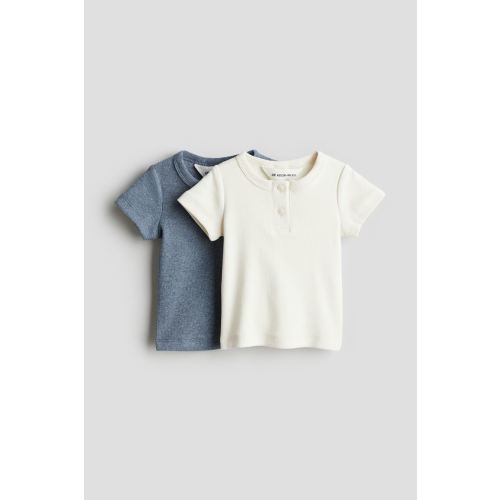 2-pack Ribbed Cotton Henley Shirts, Round Neck, Short sleeve, Dusty blue melange/cream