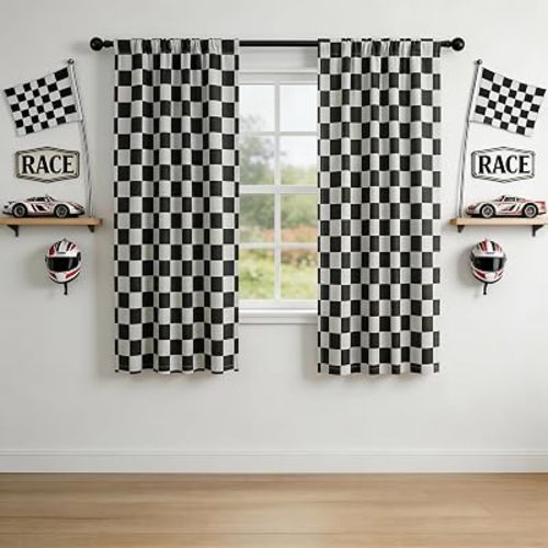 Rod Pocket & Back Tab Checkered Curtains, 100% Blackout, Race car Flag Checkerboard Curtains, Thermal Insulated, Noise Reducing, 3-inch Checkered, 2 Panels, Each W42×L63