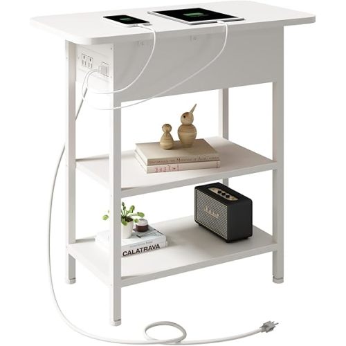 LIDYUK End Table with Charging Station, Flip Top Side Table with USB Ports and Outlets, Nightstand for Small Spaces, Bedside Tables with Storage Shelf for Living Room, Bedroom, White