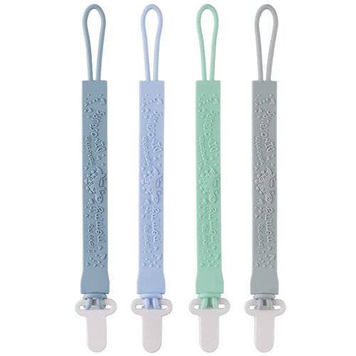 4-Pack Silicone Pacifier Clips with One-Piece Beads for Baby Boys and Girls - Flexible and Rust-Free Holders for Teething Relief and Baby Essentials, Safe for Newborns (Flat, Grey)