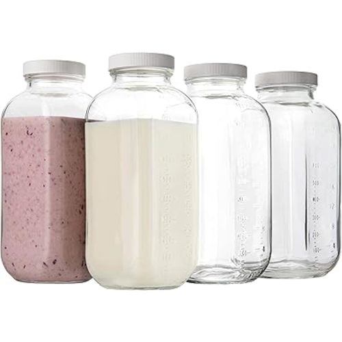 kitchentoolz 32oz Square Glass Milk Bottle with Plastic Airtight Lids Vintage Reusable Quart Sized Dairy Drinking Containers for Milk, Yogurt, Smoothies, Kefir, Kombucha, and Water- Pack of 2