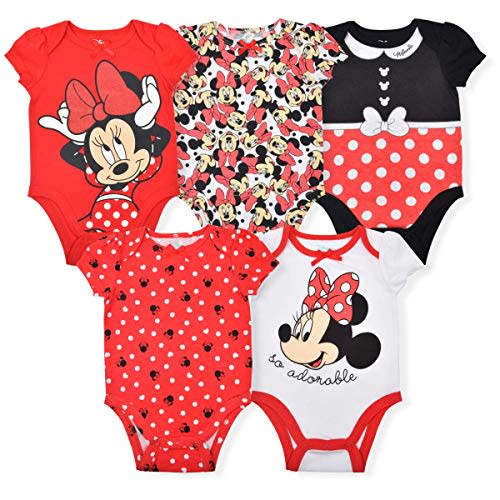 Disney Minnie Mouse Fabulous 5 Pack Girls Bodysuits for Newborns Babys and Infants