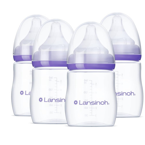 Lansinoh Anti-Colic Baby Bottles for Breastfeeding Babies, 5 Ounces, 4 Count, Includes 4 Extra Slow Flow Nipples, Size XS