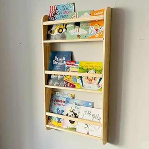 3 Tier Natural Wood Handmade Montessori Kids Bookshelf, Wall Mounted Space Saver Children for Nursery (Wide 24" Width, Natural)