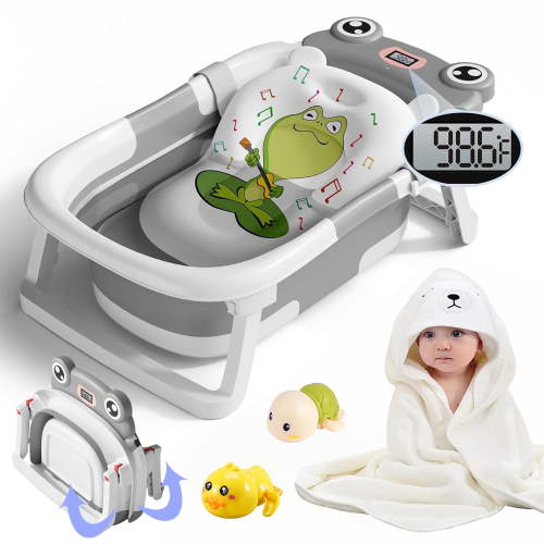 Morfone Collapsible Baby Bathtub with Thermometer, Hooded Towel, Soft Cushion and Bath Toys, Portable Travel Baby Tub for Newborn to Toddler 0-36 Months, Gray