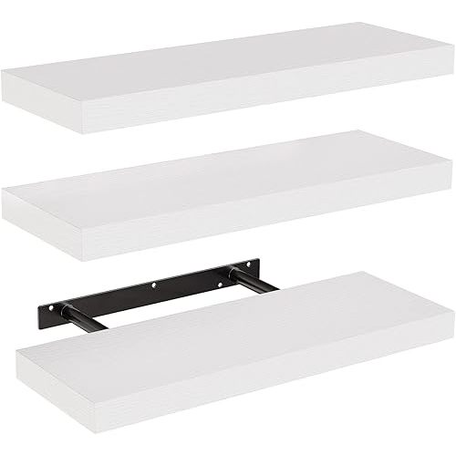 AMADA HOMEFURNISHING Floating Shelves, Wall Shelves for Bathroom/Living Room/Bedroom/Kitchen Decor, White Shelves with Invisible Brackets Set of 3 - AMFS08