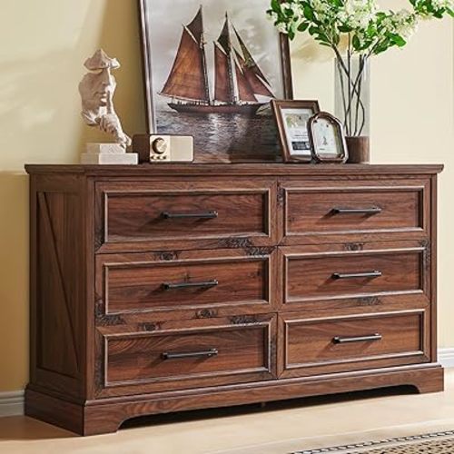 JXQTLINGMU Farmhouse 6 Drawers Dresser for Bedroom, 52'' Wide Large Wood Dressers with Bar Handles, Chests of Drawers with Storage Dressers Organizer for Bedroom, Hallway, Brown