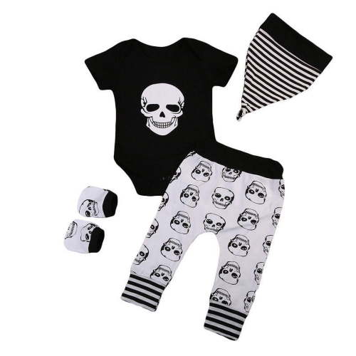 jaweiw 4PCS Infant Newborn Baby Boys Girl Skull Romper+Pants+Hat+Mitten or Headband Halloween Clothes Outfit Set