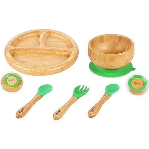 TATA AMG® Bamboo Suction Plate & Bowl with Fork and 2 Spoons | Divided Wooden Feeding Dish for Toddlers | BPA-Free Baby Led Weaning (BLW) Utensil Set