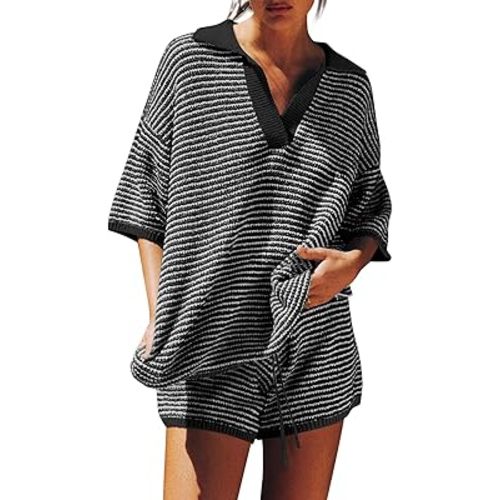 Tankaneo Womens Sweater Set 2 Piece Outfits Oversized 3/4 Sleeve V Neck Knit Tops High Waisted Shorts Lounge Sets