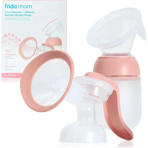 Frida Mom 2-in-1 Manual Breast Pump with Hands-Free Silicone Suction Cup, Milk Collector, Wireless Ergonomic Handle, and SoftFeel Flange for Breastfeeding