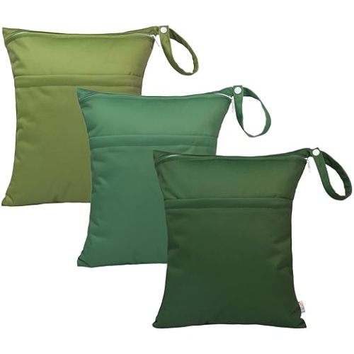 ALVABABY 3pcs Baby Cloth Diaper Wet/Dry Bags|Waterproof Reusable with Two Pockets|Travel, Beach, Pool, Daycare, Soiled Baby Items,Yoga,Gym Bag for Swimsuits or Wet Clothes 3L-ZM09 - Green theme