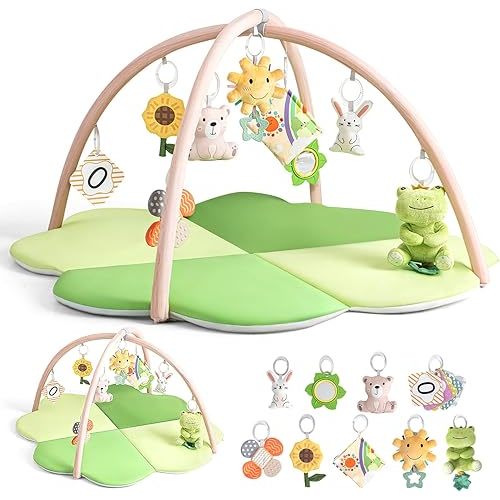 Baby Play Mat, Tummy Time Mat for Sensory Development, 4-Leaf Clover Baby Play Mat & Gym with 9 Detachable Toys, Portable & Easy to Clean, 0-9+ Months