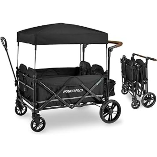 WONDERFOLD X4 Push & Pull Quad Stroller Wagon (4 Seater) - Collapsible Wagon Stroller with Seats with 5-Point Harnesses, Adjustable Push Handle, and Sun Canopy, Black