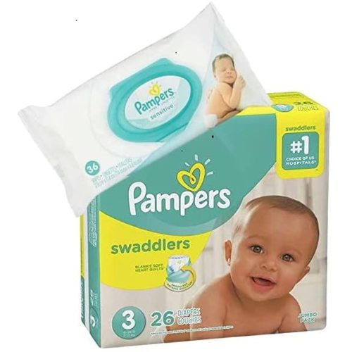 Pampers Swaddlers Disposable Size 3 Diapers (26 Count) Bundle with 36 Pampers Sensitive Care Baby Wipes