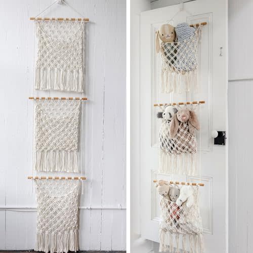 Sasa Macrame Over Door Organizer - 3-Tier Hanging Organizer with Canvas Pouch & Door Hook, Nursery Decor, Kid's Room, Playroom, Dorm, Storage for Stuffed Animals, Plushies, Blankets, Baby Essentials