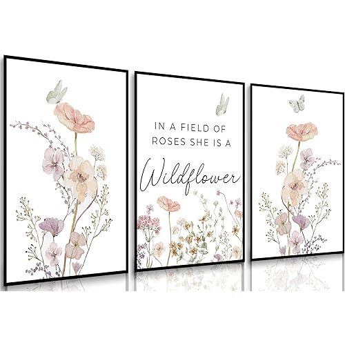 3Pcs Pink Wildflower Wall Art grace Botanical Floral Canvas Posters Prints Inspirational language paintings Flying butterfly pictures Wall Decor for Bedroom Bathroom Living Room Decoration Unframed