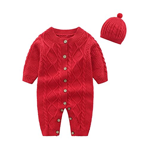 IADOER Baby Newborn Boy Knitted Sweater Romper Cotton Longsleeve Outfit with Kids Winter Warm Hats Set