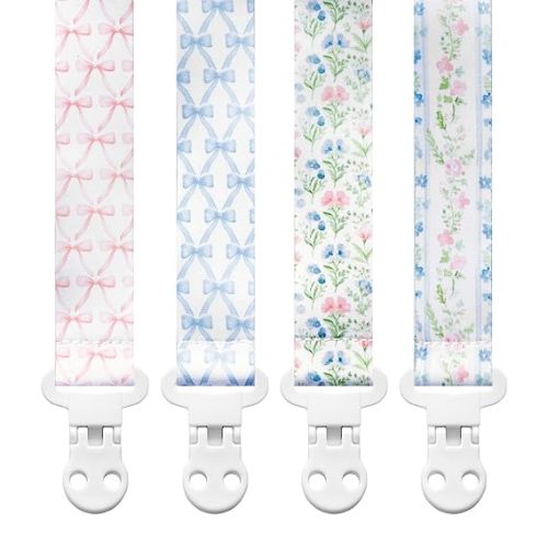 Stadela Baby Pacifier Clip Holder - Girl 4 Pack Gift Set – Vintage Floral Bows Ribbons Flowers French Blue Pink