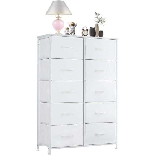 Dresser, Dresser for Bedroom Furniture, Storage Drawers, Fabric Storage Tower with 10 Drawers, Chest of Drawers with Steel Frame, Wooden Top for Kids Room, Closet, Entryway, Nursery…