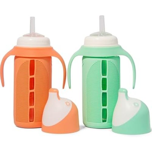Set of 2 - Glass Sippy Cup for Toddlers - The Luca | Spill-Proof | Silicone Straw | Mint Green & Orange | 8 oz | Liquids Never Touch Plastic | Removable Handles… (orange)