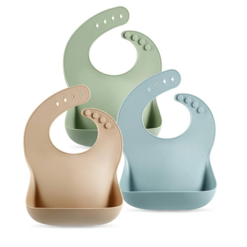 PandaEar Set of 3 Silicone Baby Bibs Waterproof, Soft, Unisex, 10-72 Months (Brown/Blue/Green)
