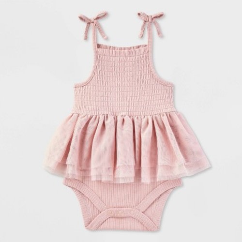 Baby Girls' Smocked Tutu Bodysuit - Cat & Jack™ Pink 12M: Cotton-Modal Blend, Sleeveless, Square Neckline, Crotch Snap Closure