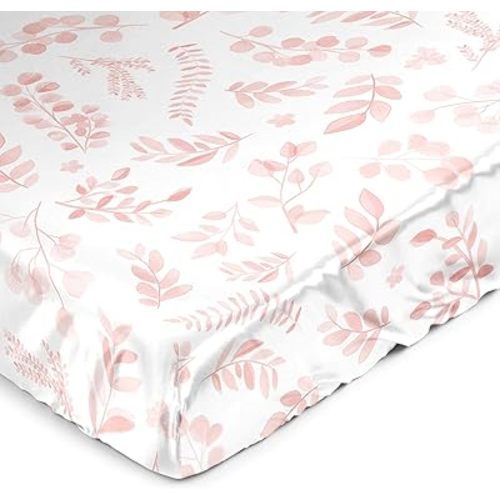 Sweet Jojo Designs Blush Pink and White Floral Leaf Girl Baby Satin Fitted Crib Sheet Infant Newborn Nursery Toddler Bed Room Standard Mattress Boho Chic Bohemian Watercolor Botanical Woodland Garden