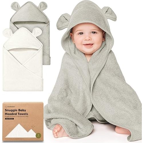 KeaBabies 2-Pack Hooded Baby Towels for Newborn - 30x30 Soft & Absorbent Viscose from Bamboo Baby Bath Towels with Hood for Infant, Toddler,Kids,Boys Girls,Newborn Bath Essentials (Graphite, Petite)