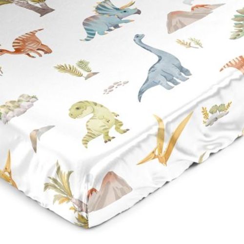 Sweet Jojo Designs Boy Satin Fitted Crib Sheet Watercolor Dinosaur Dino Multicolor