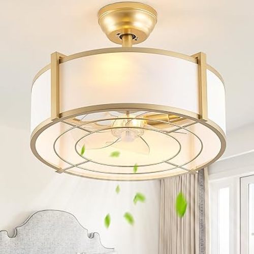 SYDACG 20" Caged Ceiling Fans with Lights, Gold Fandelier Ceiling Fan with Light, Boho Chandelier Fan Remote Control, 6 Speeds for Bedroom, Nursery, Living Room
