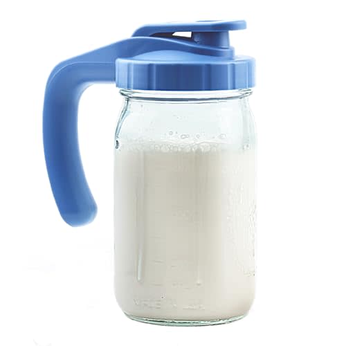 32oz Glass Breast Milk Pitcher - Wide Mouth Jar Pitcher with Lid, 1 Quart Heavy Duty Leak Proof Juice Storage Container for Sun & Iced Tea - Blue
