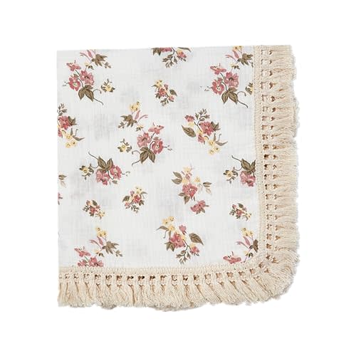 insular Cotton Muslin Baby Blanket with Tassel, Boho Bohemian Muslin Swaddle Blanket Baby Receiving Blanket with Fringe, Nursery Decor Throw or Nursing Blankets, 47" x40”, Floral