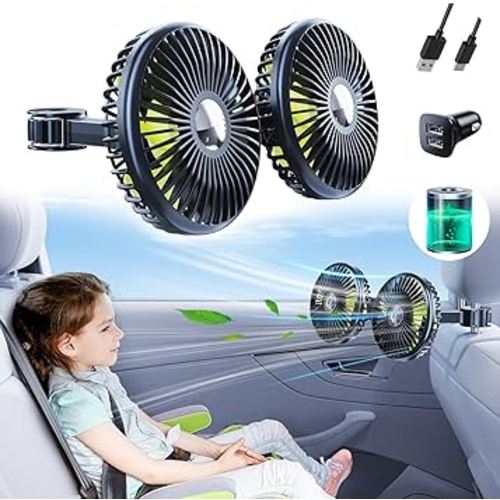 Battery Fan for Car Backseat, 360°Rotatable Car Fan for Back Seat, [Gifted Car Charger & USB C Cable*1] 3 Speeds Separate Control Rechargeable Fan for Car Seat Baby Fit for Vehicles SUV RV