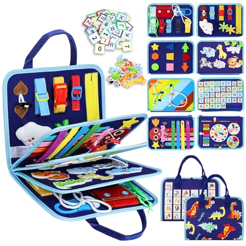 Esjay Toddler Busy Board Montessori Toys for 3+ Years Old, Sensory Board Educational Activities for Learning Fine Motor Skills, Gifts Girls Boys Toddlers, Travel Toys for Airplane Car,Blue Dinosaur
