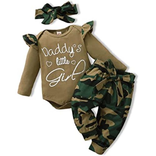 AMAWMW Baby Girl Clothes Set Daddys Little Girl Ruffle Romper Top Camouflage Pants Newborn Infant Baby Girl Outfit