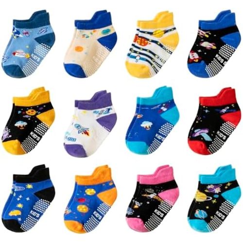 Toddler Non Slip Grips Socks Kids Anti Skid Baby Boys Girls Cotton Crew Socks 12 Pairs