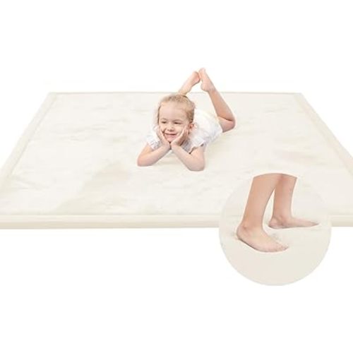 Huloo Sleep Ultra Soft Baby Play Mat for Floor, 1.3" Thick Elasti-Foam 65x50 Play Mat for Playpen,Water-Repellent Coral Velvet for Tummy Time, Non-Slip Backing,Safe for Toddlers & Infants（Cream）