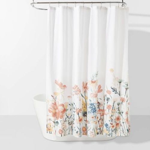 Watercolor Engineered Floral Shower Curtain - Threshold™: Cotton Fabric, Machine Washable, Buttonhole Top
