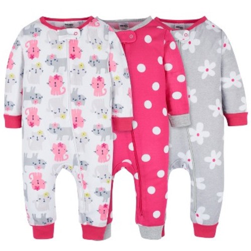 Onesies Brand Baby Girls' Snug Fit Footless Pajamas - Dots & Kitties - 3 Months - 3-Pack
