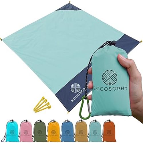 ECCOSOPHY Sand Proof Beach Blanket - Waterproof Picnic Blanket 60x55 Outdoor Compact Pocket Blanket Lightweight Ground Cover for Hiking Camping Festivals Sports Travel with Bag & Stakes (Pistachio)